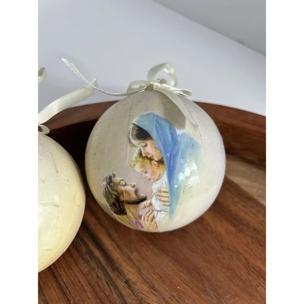Vintage Peace On‎ Earth Ornament Set Baby Jesus Paper Decoupage- Estate Find